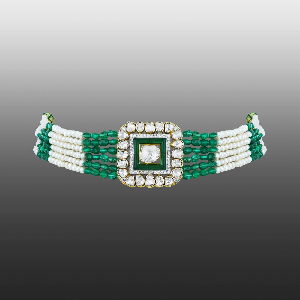Polki Choker with Green Talaf, Emerald and Pearl Strands